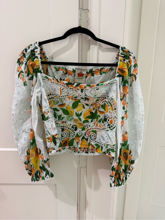 FARM Rio Tops - FARM Rio White Lemon & Green Leaf Lace Peasant Blouse
